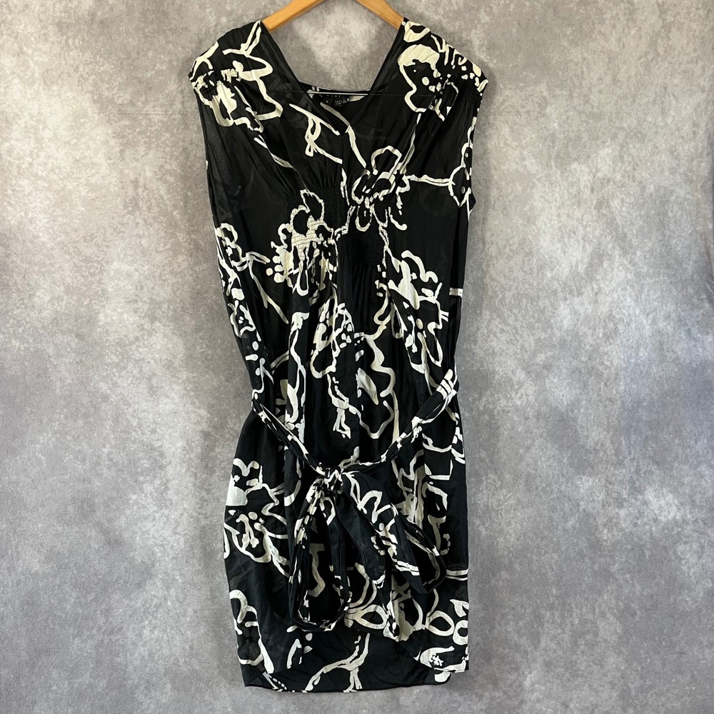 Theory Midi Dress Womens 6 Black White Abstract Floral Smocked Tie Waist V-Neck